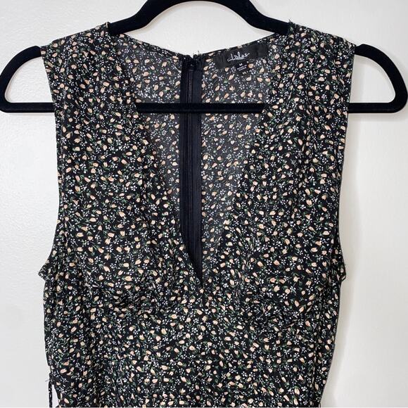 Lulus Fashion Find Black Ditsy Floral Print Ruffled Faux Wrap Midi Dress Medium - Picture 5 of 12